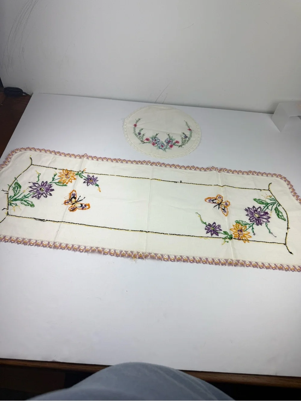 VTG Hand-Embroidered Dress Scarf and Doily Floral Butterfly SEE ALL.